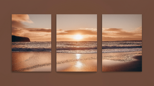 Papier peint coucher de soleil sur la plage Triptyque apaisant de vagues dorées au crépuscule
