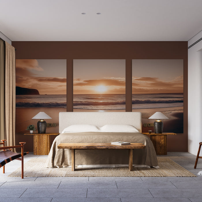 Une chambre moderne avec un papier peint représentant un paysage côtier au coucher de soleil, créant une ambiance chaleureuse et apaisante.
