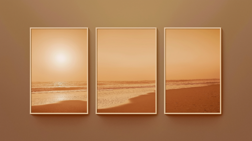 Papier peint coucher de soleil sur la plage Triptyque évoquant la sérénité des plages au crépuscule