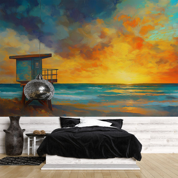 Une chambre moderne avec un papier peint représentant un paysage côtier vibrant, mêlant des teintes orange et bleue, évoquant une atmosphère sereine et ensoleillée.