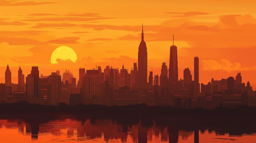 Papier peint coucher de soleil sur New York Silhouette urbaine en teintes orange et rouge