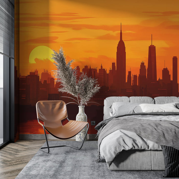 Une chambre moderne avec un papier peint représentant un panorama urbain au coucher de soleil, dégradé d'orange et de rouge, créant une atmosphère chaleureuse et dynamique.