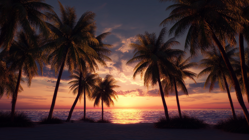 Papier peint coucher de soleil tropical Palmiers silhouettés au crépuscule sur une plage paisible