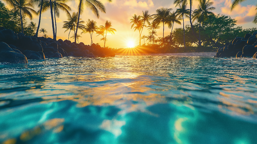 Papier peint coucher de soleil tropical Paysage aquatique paisible avec palmiers