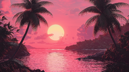 Papier peint coucher de soleil tropical Paysage de plage avec palmiers et océan en rose délicat