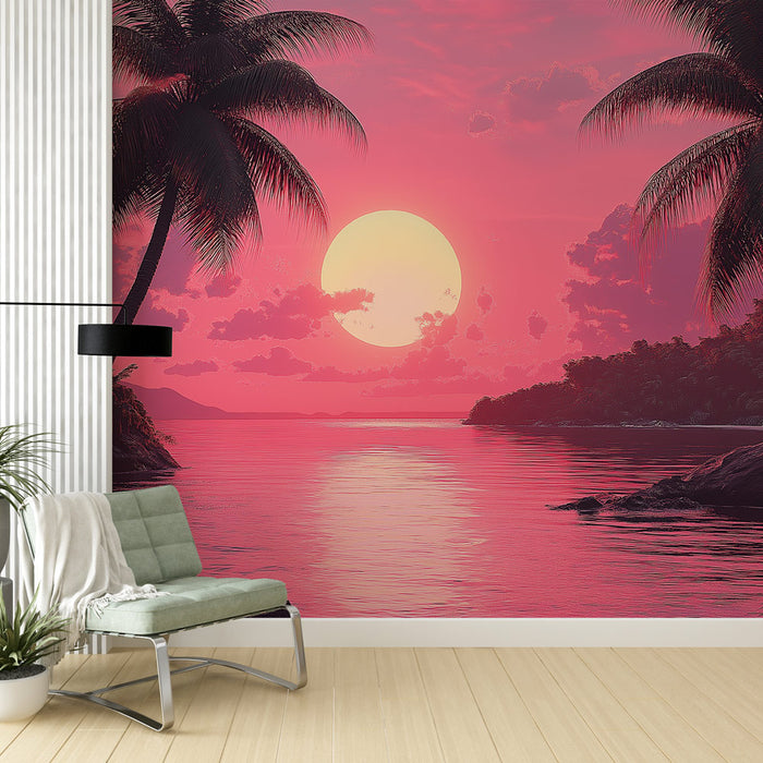 Une pièce lumineuse avec un papier peint tropical représentant un coucher de soleil rose éclatant, palmier et reflets apaisants sur l'eau.