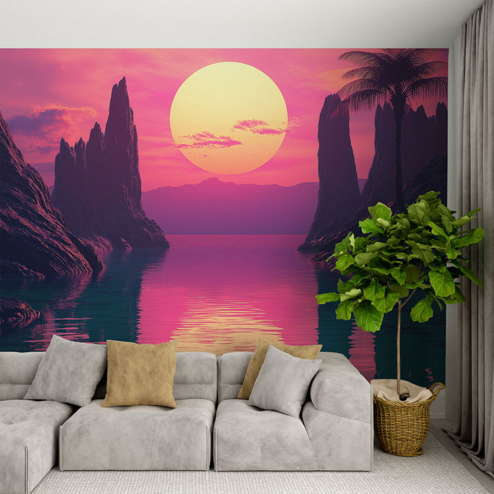 Un salon moderne avec un papier peint représentant un paysage surréaliste aux teintes roses et violettes, évoquant une ambiance rêveuse et apaisante.