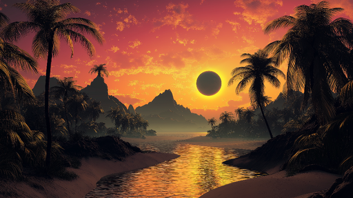 Papier peint coucher de soleil tropical Paysage idyllique avec palmiers et montagne