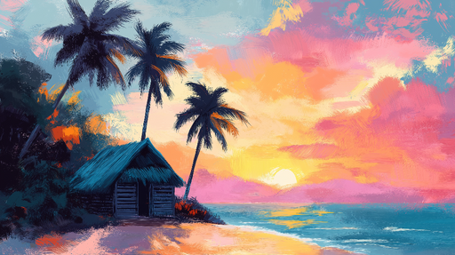 Papier peint coucher de soleil tropical Plage sereine avec huttes et palmiers