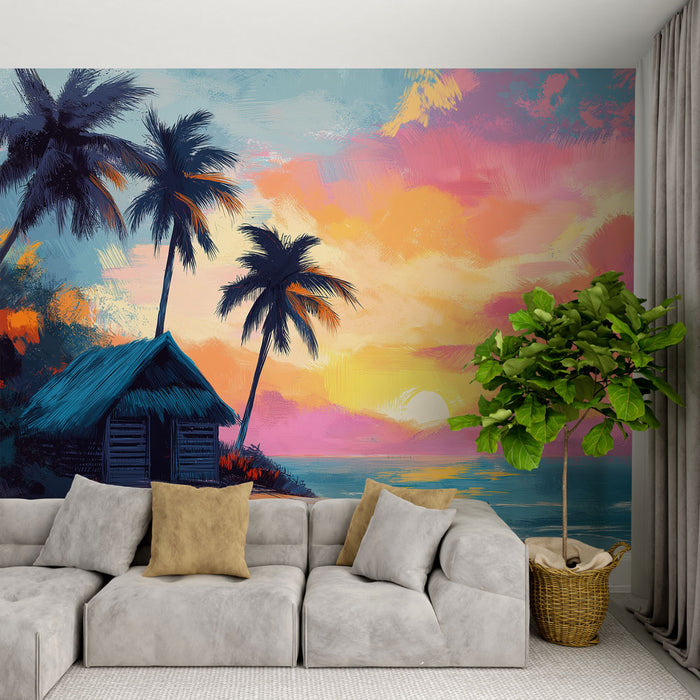 Un salon moderne avec un papier peint tropical représentant un coucher de soleil vibrant sur la mer, entouré de palmiers et d'une cabane en bois.