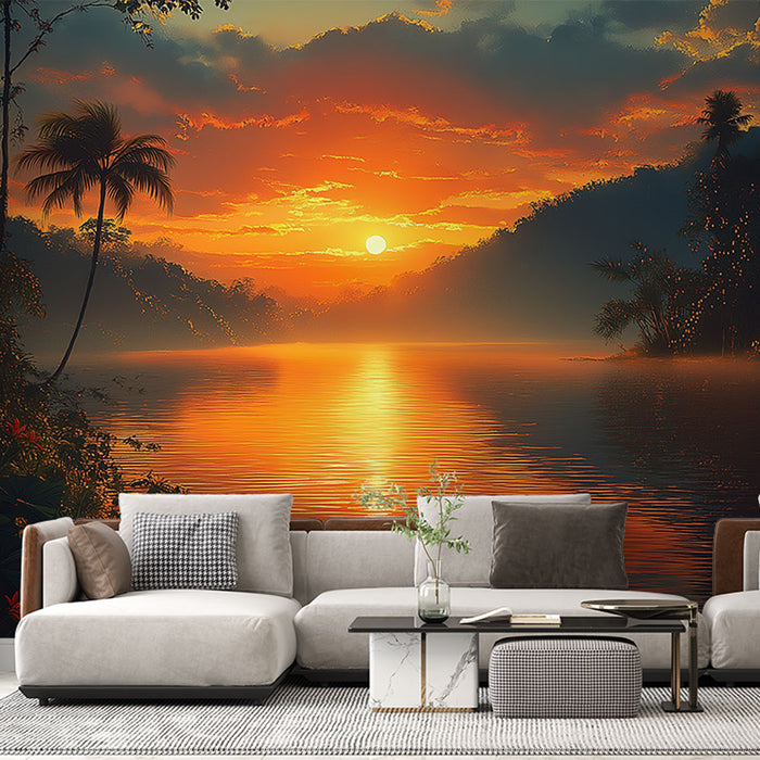 Une pièce de vie moderne avec un papier peint représentant un coucher de soleil flamboyant sur un lac, créant une atmosphère chaleureuse et apaisante.