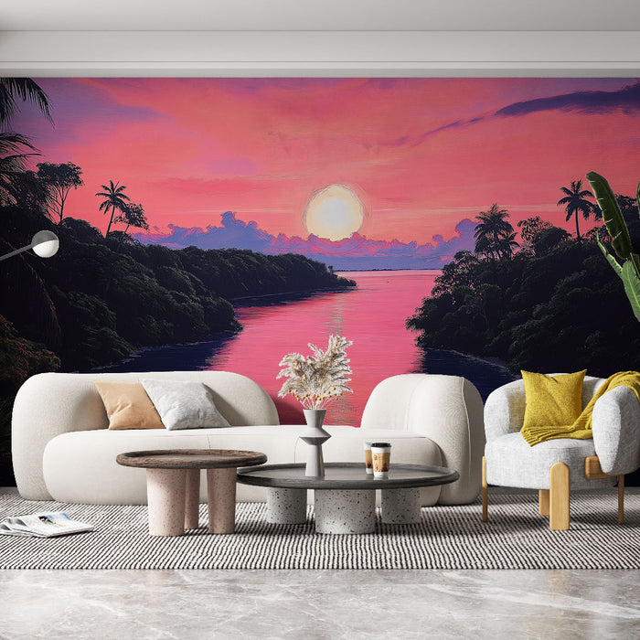 Un salon moderne avec un papier peint représentant un paysage tropical au coucher de soleil, mêlant des teintes roses et violettes apaisantes.