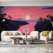 Un salon moderne avec un papier peint représentant un paysage tropical au coucher de soleil, mêlant des teintes roses et violettes apaisantes.