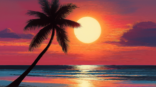 Papier peint coucher de soleil tropical Silhouette d'un palmier au bord de l’océan au crépuscule