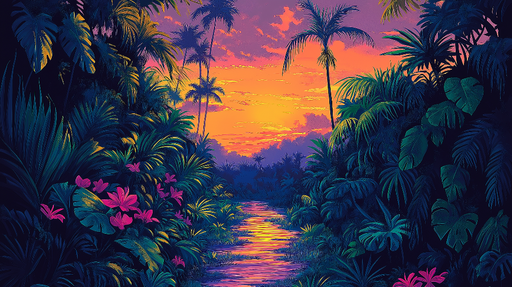 Papier peint coucher de soleil tropical Une scène enchanteresse avec des palmiers et des fleurs exotiques