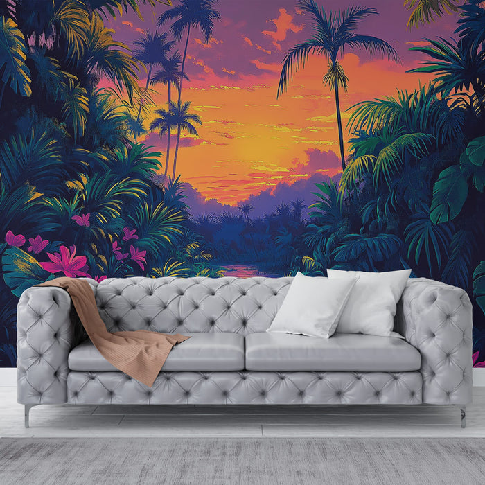 Une pièce moderne avec un papier peint tropical vibrant représentant une scène de coucher de soleil entourée de palmiers et de fleurs colorées, évoquant une atmosphère relaxante et exotique.