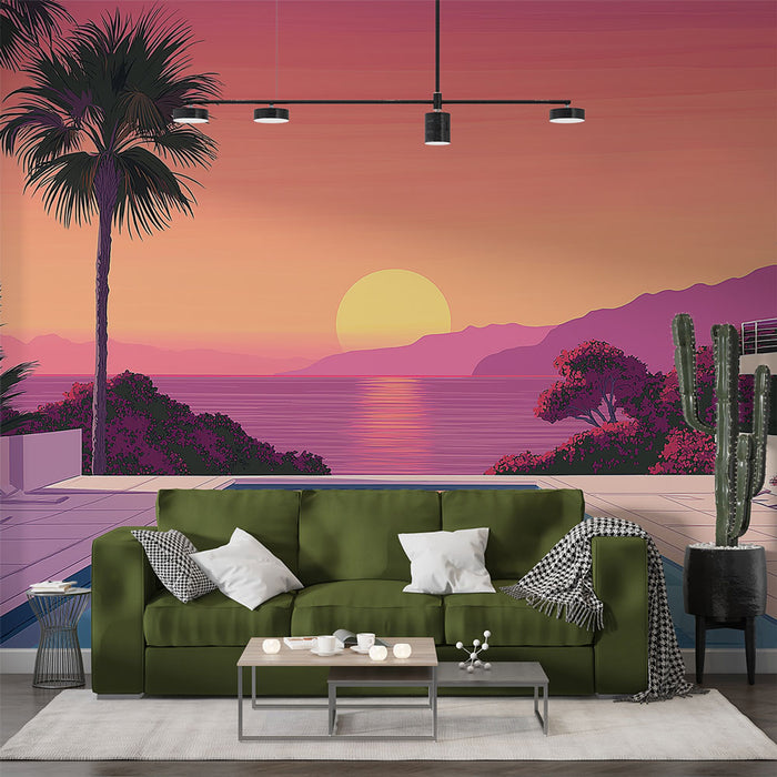 Un salon moderne avec un papier peint représentant un coucher de soleil aux teintes roses et oranges, évoquant une ambiance sereine et tropicale.