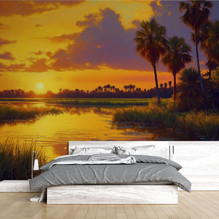 Une chambre moderne avec un papier peint représentant un paysage au coucher de soleil, mêlant des teintes dorées et orangées, créant une atmosphère chaleureuse et apaisante.