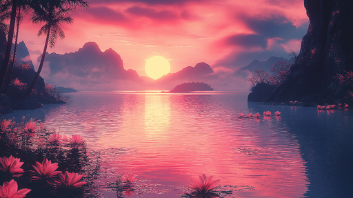 Papier peint coucher de soleil Un paysage apaisant avec des nénuphars et des montagnes rose pastel