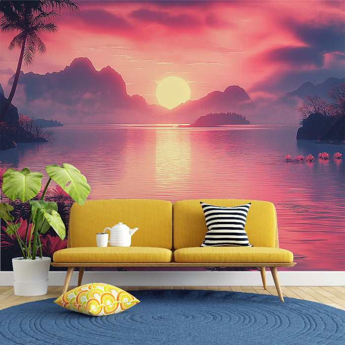 Une pièce moderne avec un papier peint représentant un paysage marin au coucher de soleil, aux teintes roses et violettes créant une atmosphère sereine et romantique.