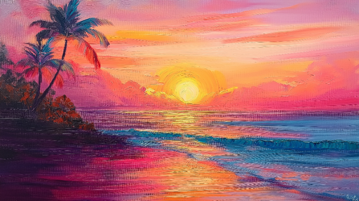 Papier peint coucher de soleil Un paysage tropical vibrant avec des palmiers et des reflets colorés