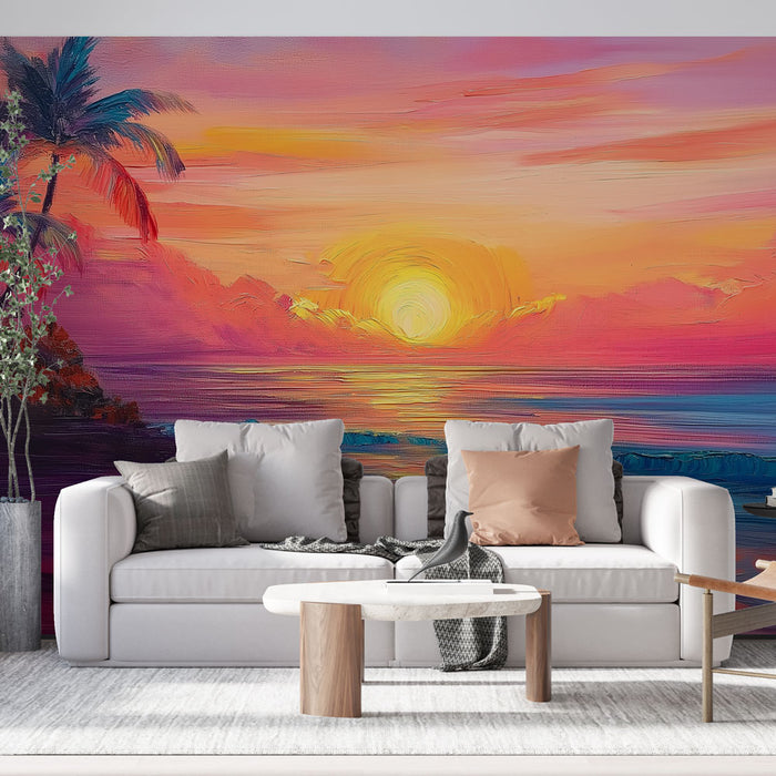 Une pièce de vie moderne avec un papier peint représentant un coucher de soleil vibrant aux teintes roses et oranges, évoquant une atmosphère chaleureuse et apaisante.