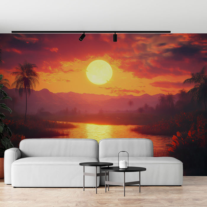 Un salon contemporain avec un papier peint représentant un coucher de soleil vibrant sur un lac, entouré de palmiers et de montagnes, créant une atmosphère chaleureuse et apaisante.