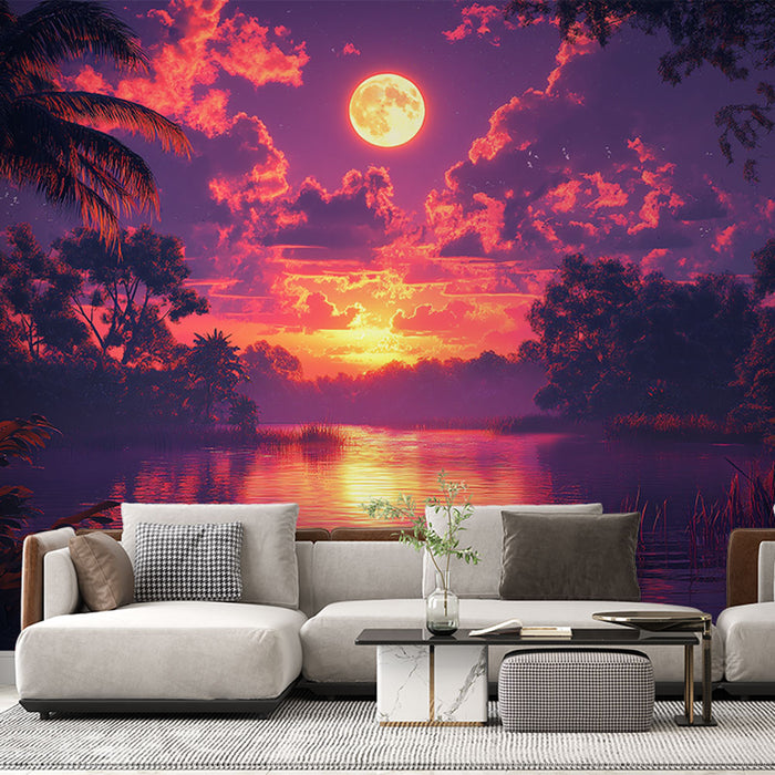 Un salon contemporain avec un papier peint représentant un paysage nocturne vibrant, mêlant des teintes roses et violettes, évoquant une atmosphère paisible et rêveuse.