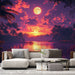 Un salon contemporain avec un papier peint représentant un paysage nocturne vibrant, mêlant des teintes roses et violettes, évoquant une atmosphère paisible et rêveuse.