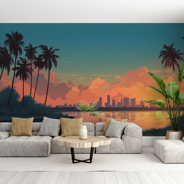 Une pièce de vie moderne avec un papier peint représentant un paysage tropical au coucher de soleil, mêlant des teintes orange et turquoise, évoquant une ambiance relaxante et estivale.