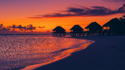 Papier peint coucher de soleil Villas sur pilotis au bord de l'eau