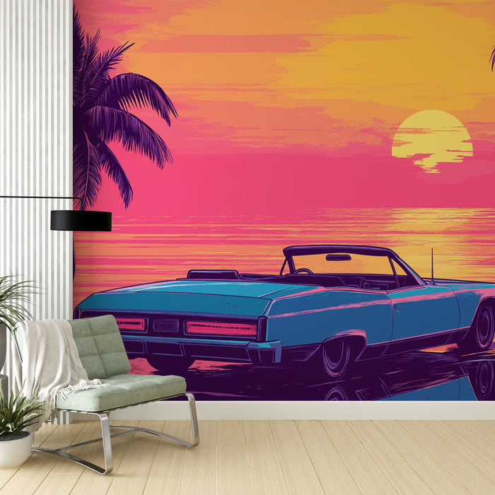 Une pièce moderne avec un papier peint illustrant une voiture décapotable turquoise au coucher de soleil, créant une ambiance rétro et estivale.
