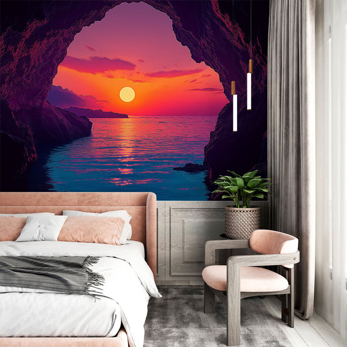 Papier peint coucher de soleil avec vue sur la mer depuis une grotte pour chambre moderne