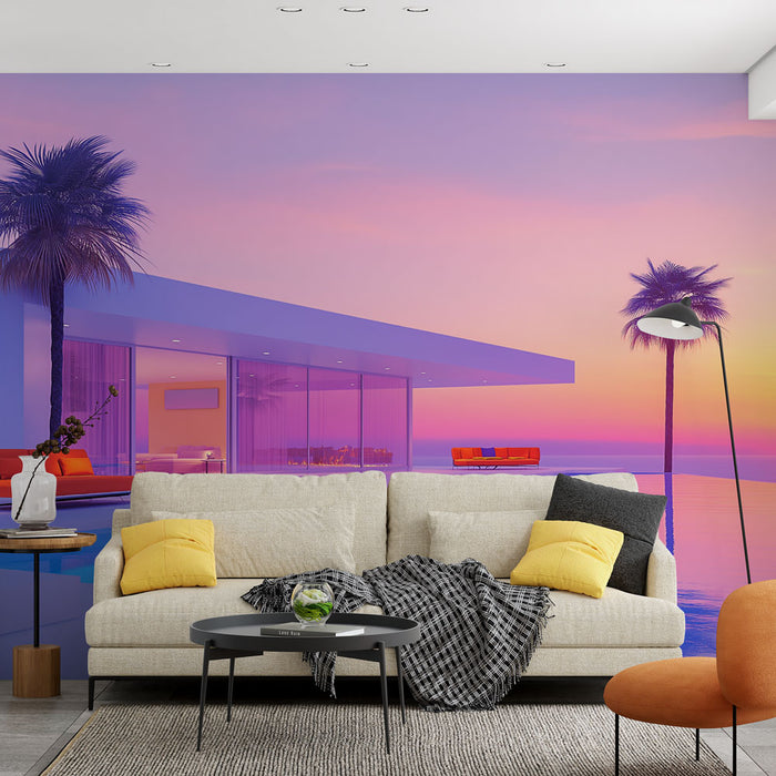 Un salon moderne avec un papier peint représentant un coucher de soleil vibrant aux teintes roses et violettes, évoquant une ambiance sereine et estivale.