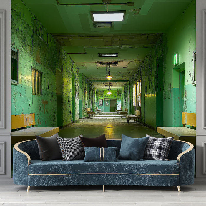 Une pièce moderne avec un papier peint représentant un couloir abandonné aux murs verts écaillés, créant une atmosphère intrigante et mystérieuse.