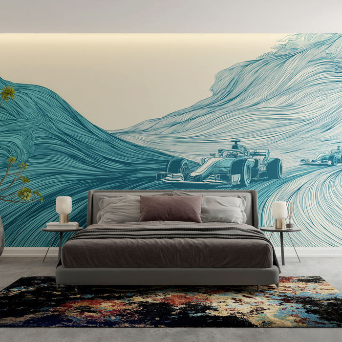 Une chambre moderne avec un papier peint dynamique représentant des voitures de course stylisées sur un fond de vagues fluides dans des teintes bleues apaisantes.