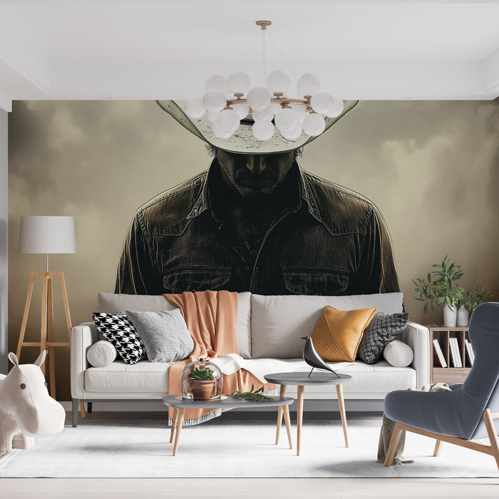 Un salon contemporain avec un papier peint représentant une silhouette d'homme en cowboy sur fond beige, dégageant une atmosphère à la fois mystérieuse et audacieuse.