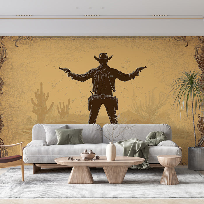 Une pièce de style western avec un papier peint représentant un cowboy en silhouette sur fond ocre, évoquant une ambiance audacieuse et nostalgique.