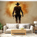 Une pièce de salon avec un papier peint représentant un cowboy en silhouette sur fond ocre, créant une atmosphère western audacieuse et dynamique.
