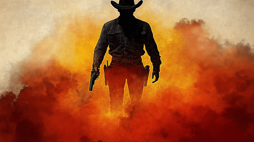 Papier peint cowboy Silhouette d'un cowboy dans une ambiance de poussière et de feu
