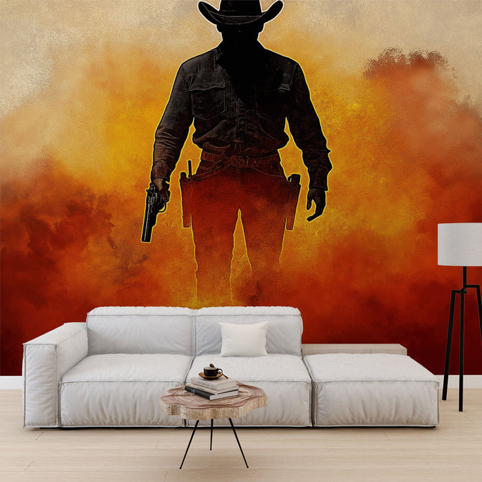 Une pièce moderne avec un papier peint représentant une silhouette de cowboy sur fond dégradé orange et jaune, évoquant une ambiance western dynamique et captivante.