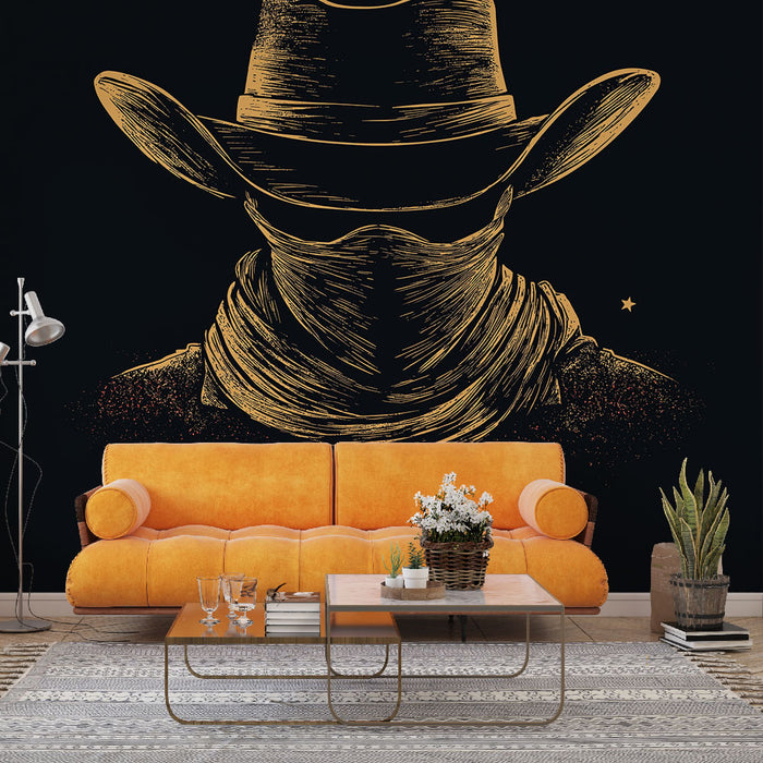 Un salon contemporain avec un papier peint noir illustrant un cow-boy stylisé en doré, créant une ambiance audacieuse et intrigante.