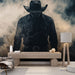 Une pièce moderne avec un papier peint représentant un cowboy en silhouette sombre sur fond nuageux, créant une ambiance mystérieuse et intrigante.