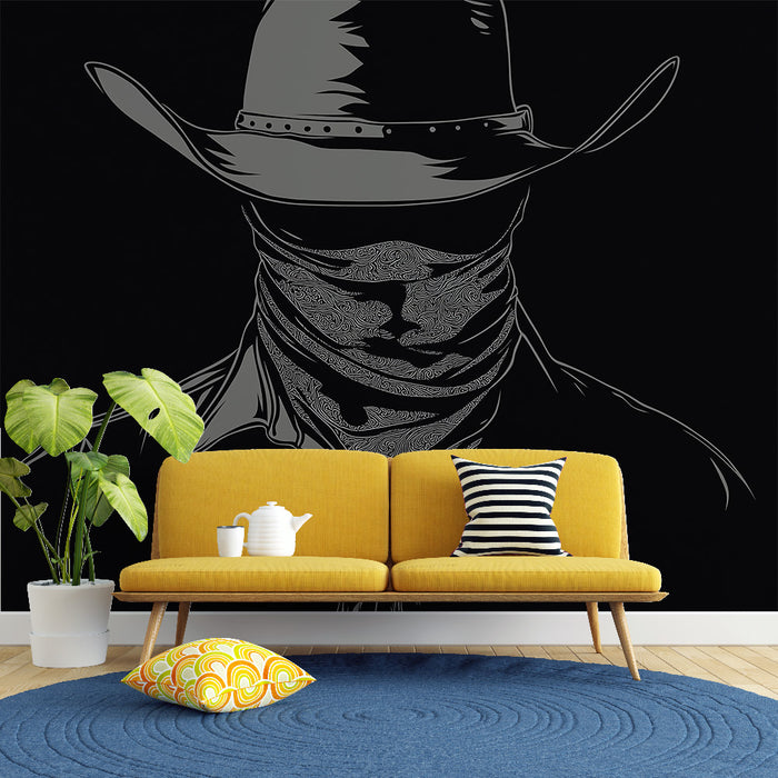 Un salon contemporain avec un papier peint noir représentant un cowboy stylisé en blanc, créant une ambiance audacieuse et mystérieuse.