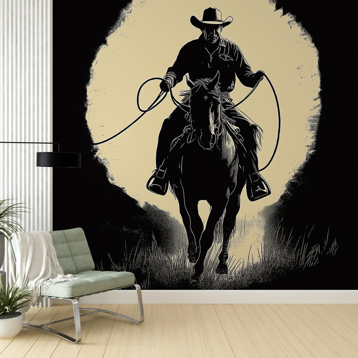 Une pièce moderne avec un papier peint représentant un cow-boy en silhouette sur fond noir, créant une ambiance audacieuse et dynamique.