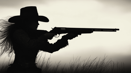 Papier peint cow-boy Silhouette d'une cow-girl avec un fusil au coucher de soleil