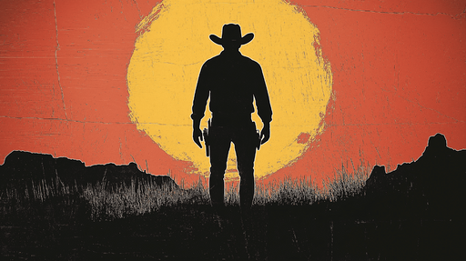 Papier peint cowboy Silhouette de cowboy au crépuscule dans des tons chauds