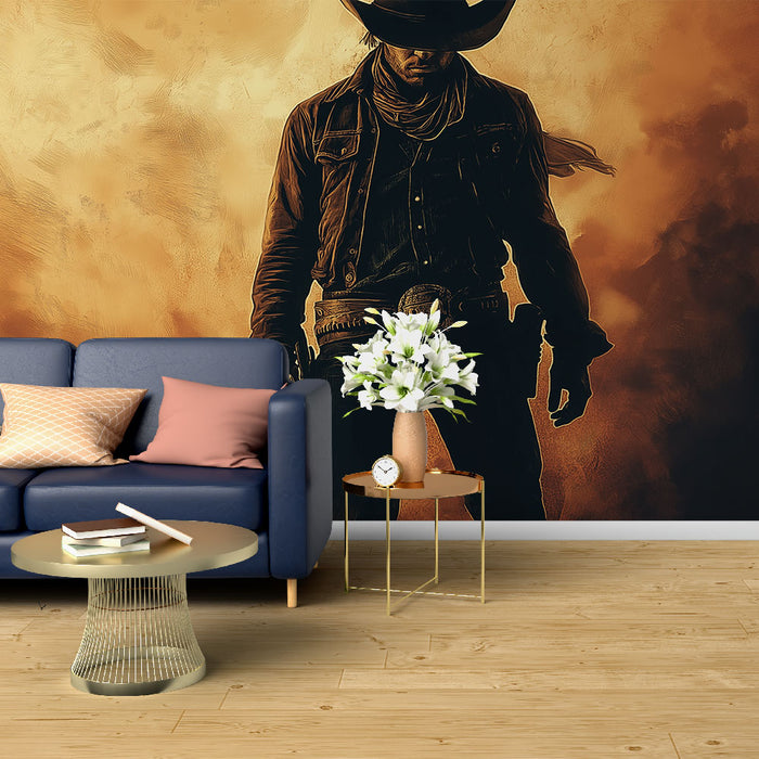 Un salon contemporain avec un papier peint représentant un cowboy en silhouette sur un fond chaud et orangé, créant une ambiance audacieuse et dynamique.