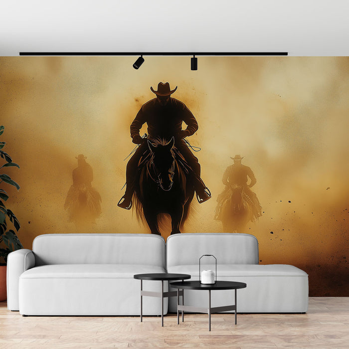 Un salon contemporain avec un papier peint représentant des silhouettes de cavaliers dans un paysage désertique aux teintes dorées, évoquant une ambiance western dynamique et nostalgique.