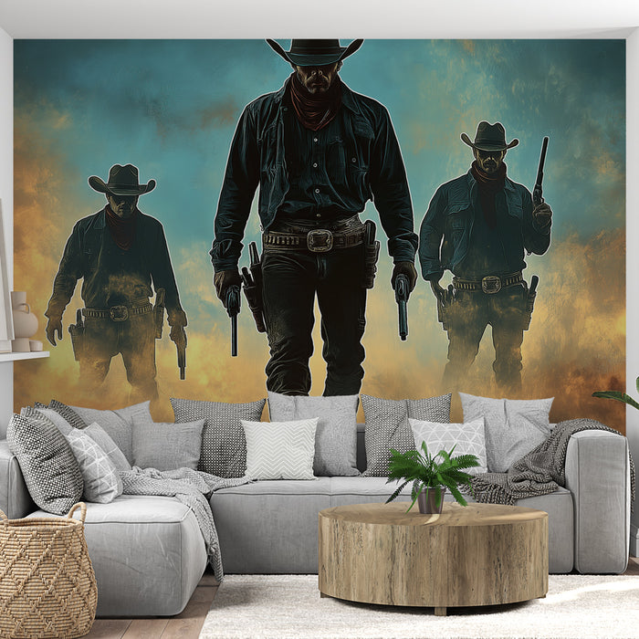 Un salon moderne avec un papier peint illustrant des cowboys en silhouette, créant une ambiance audacieuse et cinématographique avec des teintes de bleu et d'orange.